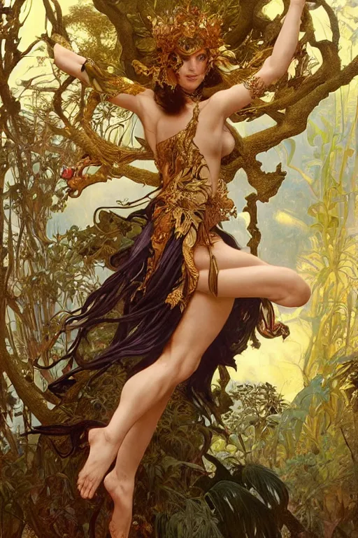 Prompt: natalie portman as queen of the jungle, jumping, midair, full figure, painted by nekro, alphonse mucha, dark - fantasy, intricate detail, artstation, cgsociety, rococo, gold leaf art