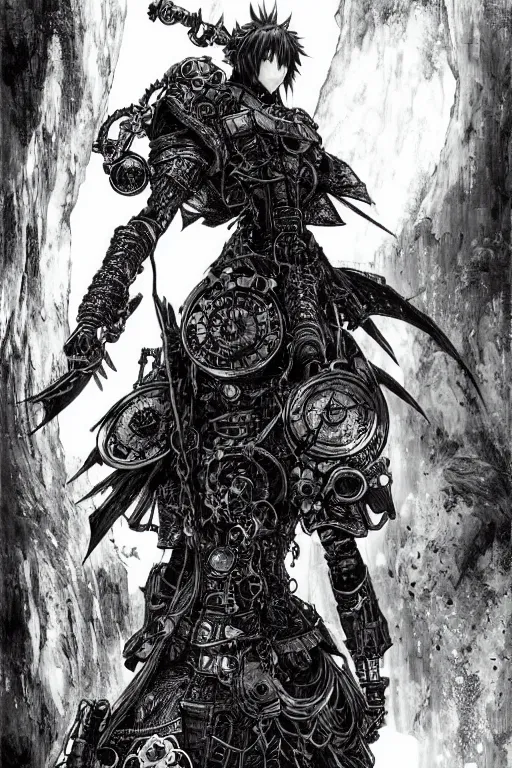 Image similar to a vertical portrait of a character in a scenic environment by Yoshitaka Amano and Nihei Tsutomu, black and white, dreamy, steampunk armor, highly detailed