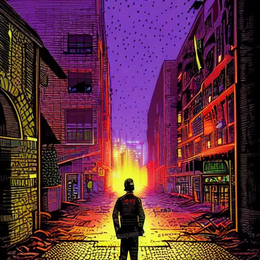 Image similar to a lone soldier stands on illuminated grid in a ruined city street by dan mumford