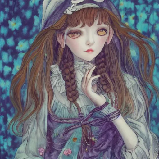 Image similar to little elf girl, grunge outfit, soft hair. light color palate, purple, yellow and white. detailed soft painting, ayami kojima, made in abyss, anatomically correct, inspired in balthus, high detailed face anime, vogue magazine, glorious composition