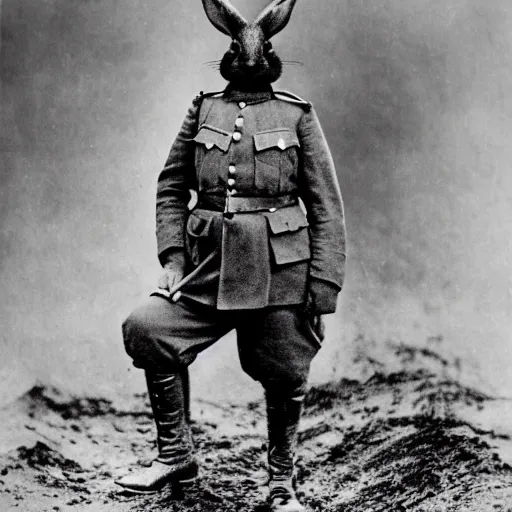 Prompt: a rabbit dressed as a ww1 russian soldier, posing in a muddy trench, grainy black and white photograph