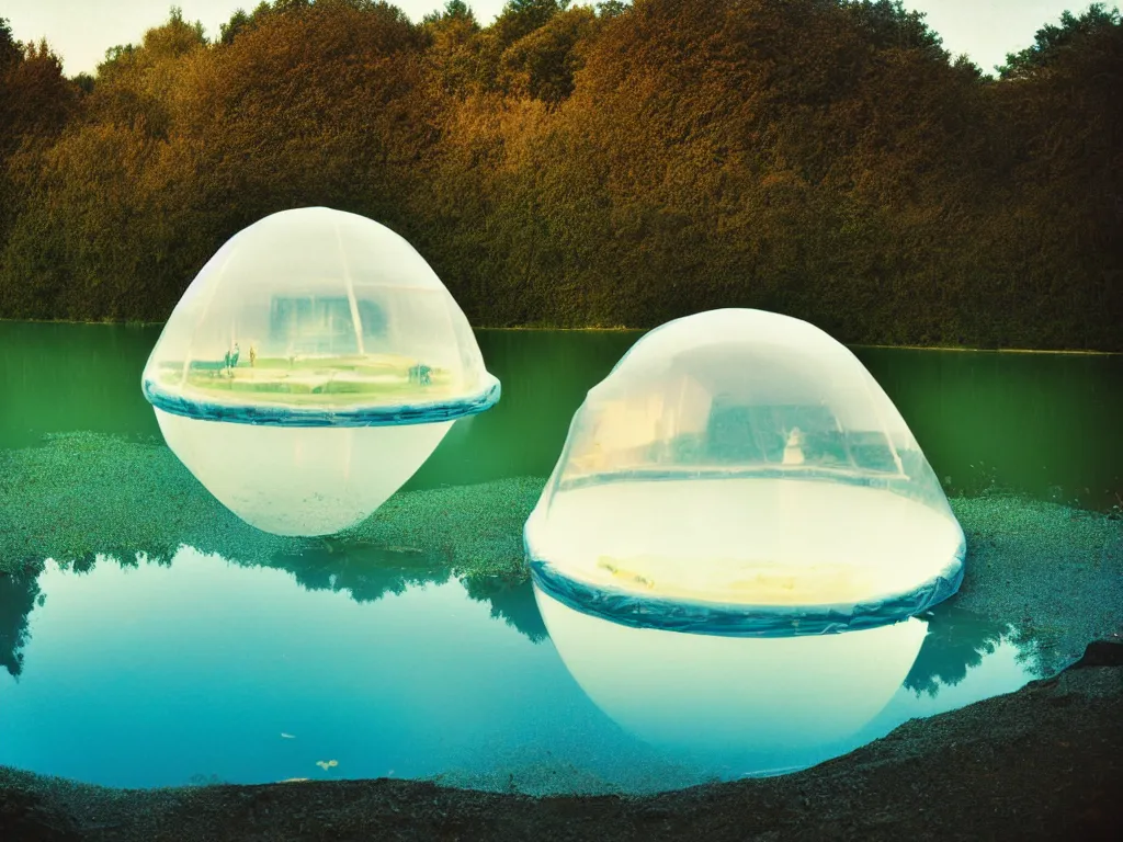 Prompt: a high quality faded kodak fuji analog film photograph of floating abstract inflatable transparent igloo in a shiny dusty floral alien environment next to a lake. ambient lighting. extremely wide angle. morning haze, dew. family holiday, guide ropes, facilities, litter, caustic reflections. pastel coloured plantlife.