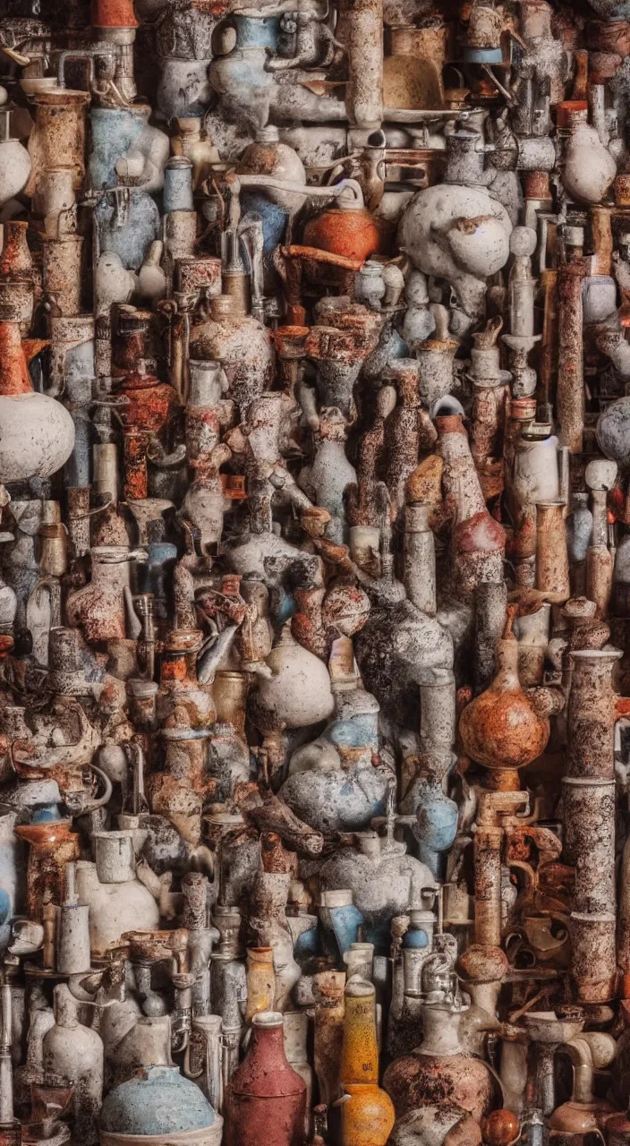 Prompt: an alchemical laboratory of vapour voices made from ceramic vessels, air flow, clay, no humans, alchemy, vapour, larynx, oesophagus, clay pipes, 8 k, unreal, high resolution, vivid rusty colours,