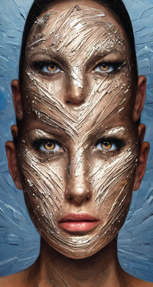 Prompt: hyperrealism oil painting, close-up portrait of cyborg ballerina, busted crushed face, broken mirrors composition, sand dunes pattern mixed with night sky, in style of classicism