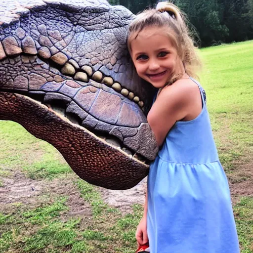 Prompt: cute girl hugs dinosaur