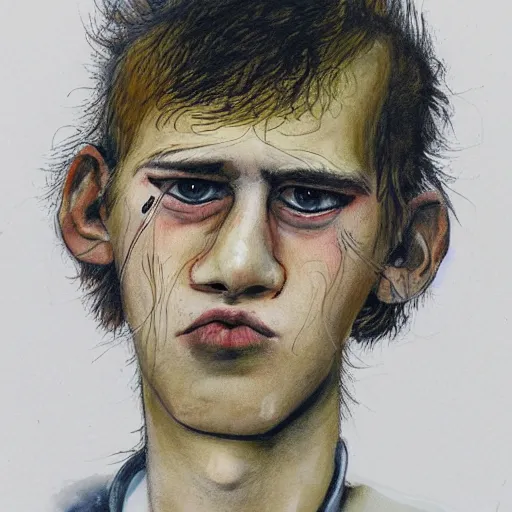 Prompt: a detailed portrait painting of an icelandic young man named hkalti by gerald scarfe and ralph steadman