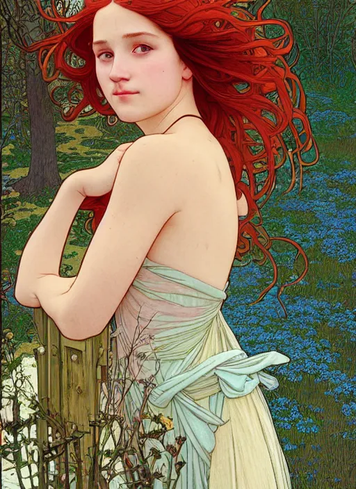 Image similar to young woman resembling alicia vikander with long red hair, wearing a dress, building a castle on the wooden floor in an old wooden house, path traced, highly detailed, high quality, digital painting, by studio ghibli and alphonse mucha, leesha hannigan, hidari, art nouveau, chiho aoshima, jules bastien - lepage