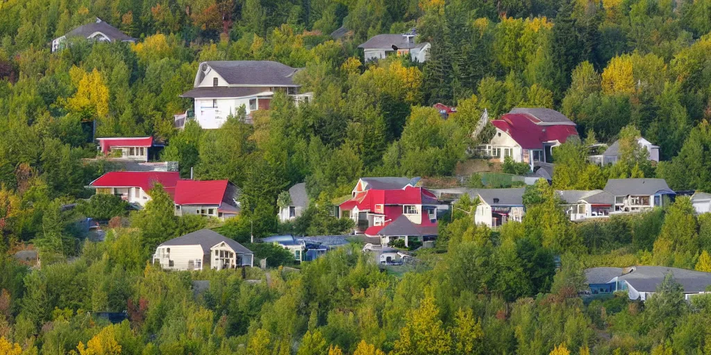 Image similar to cottagecore of a student sitting on a hilltop overlooking a suburban neighborhood on a peaceful morning