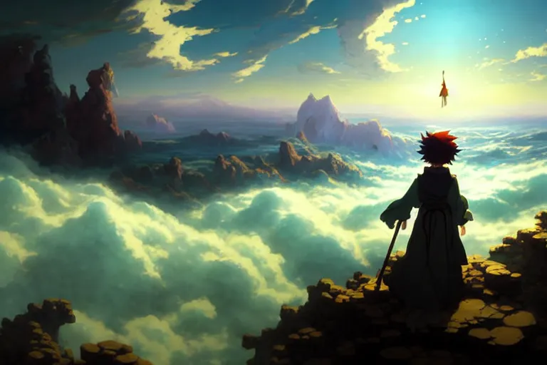 Image similar to baroque oil painting anime key visual concept art of wanderer above the sea of fog 1 8 1 8 with anime maid, brutalist, dark fantasy, rule of thirds golden ratio, fake detail, trending pixiv fanbox, acrylic palette knife, style of makoto shinkai studio ghibli genshin impact jamie wyeth james gilleard greg rutkowski chiho aoshima