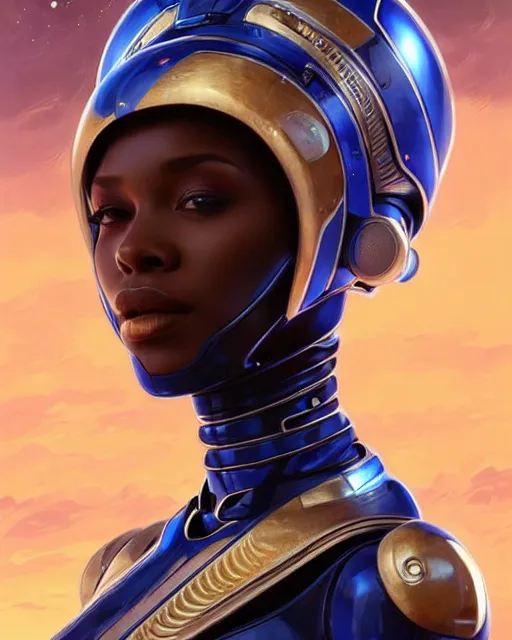 Image similar to Portrait of very very very very very very beautiful african woman, spacesuit, futuristic cybernetic helmet, blue eyes, real life skin, intricate, elegant, highly detailed, artstation, concept art, smooth, sharp focus, art by artgerm and greg rutkowski and alphonse mucha