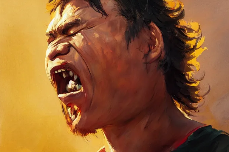 Prompt: greg manchess portrait of a filipino mma fighter uncontrolable laughter, profile picture, organic painting, sunny day, matte painting, bold shapes, hard edges, street art, trending on artstation, by huang guangjian, gil elvgren, ruan jia, randy vargas, greg rutkowski