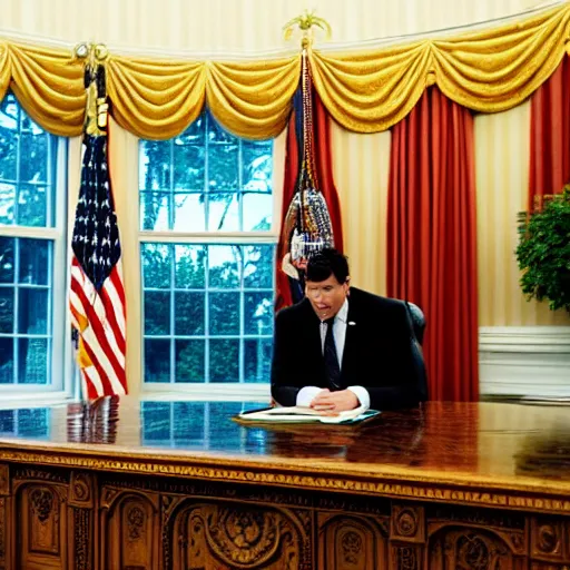 Prompt: spagett hiding in the oval office