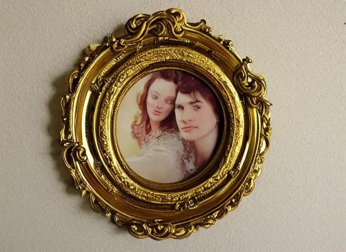 Image similar to beautiful baroque circular portrait picture frame, royal, gilded with gold, magical, fantasy, metallic