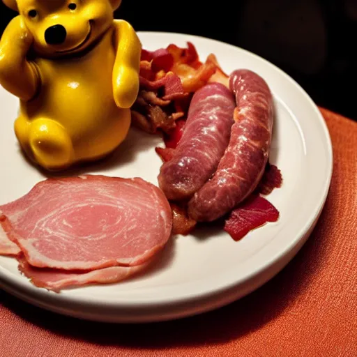 Prompt: close up of winnie the pooh with a plate of sausage and bacon and ham hock, cinematographic shot, photo 3 d