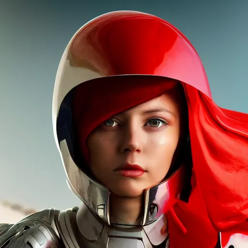 Image similar to headshot of a beautiful female soldier, no makeup, in glossy sleek white armor and a long red cape, head tilted upwards, determined expression, no helmet, on the surface of mars, cinematic, sci-fi, hyperrealistic, detailed