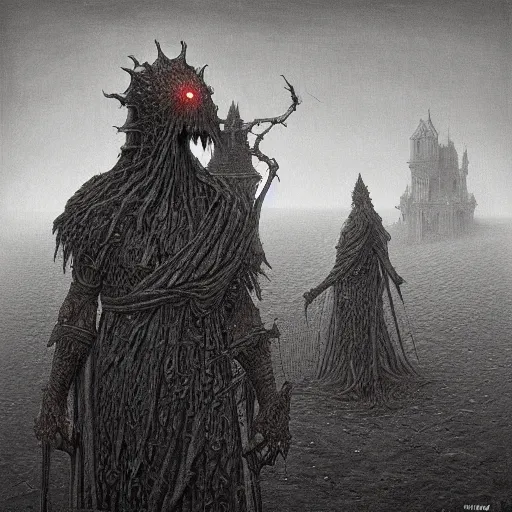 Prompt: instagram as a dark souls boss by zdzisław beksiński