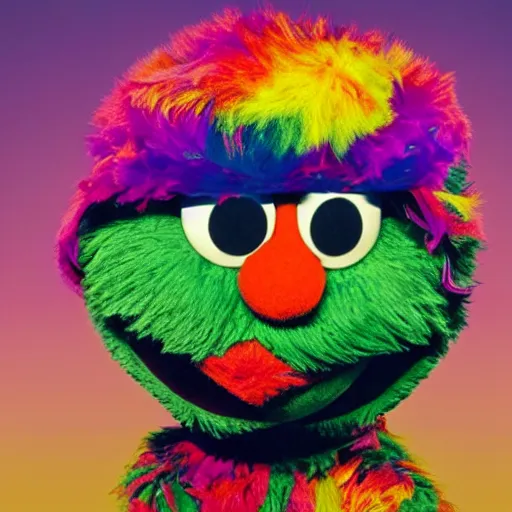 Image similar to psychadelic portrait of Elmo from Sesame Street high off of his gourd