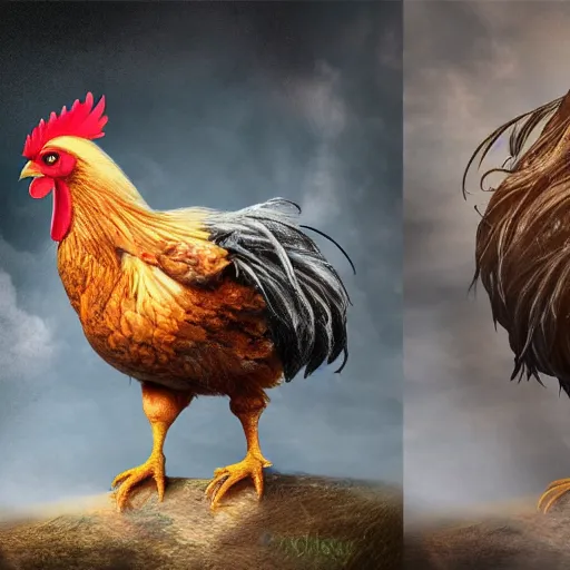 Image similar to fantasy half chicken half human, high detail, fantasy art, concept art, 4 k, ultra detail, computer art