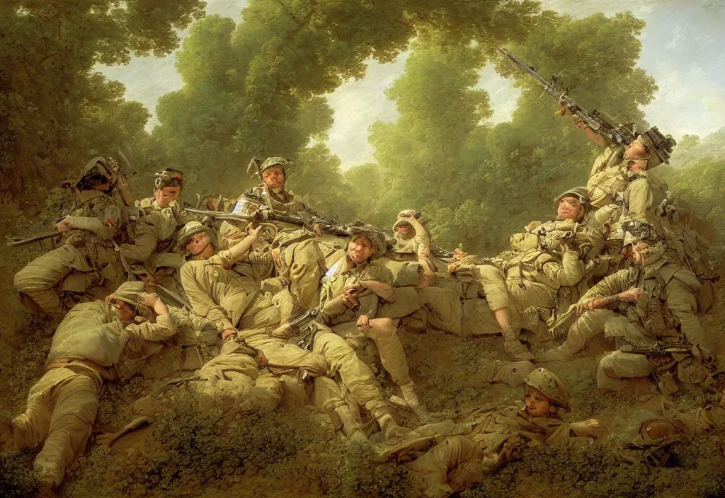 Image similar to afghanistan war by jean honore fragonard, green jungle, helicopters, battlefield, firings, bombs