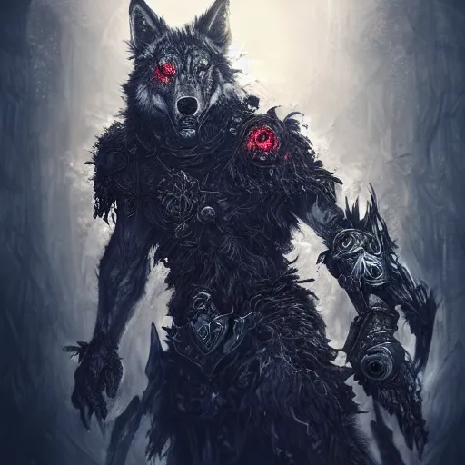 Image similar to a druid turning into a machine wolf, chaos, night, rot, blood, epic art, dark souls, highly detailed and intricate, trending on artstation