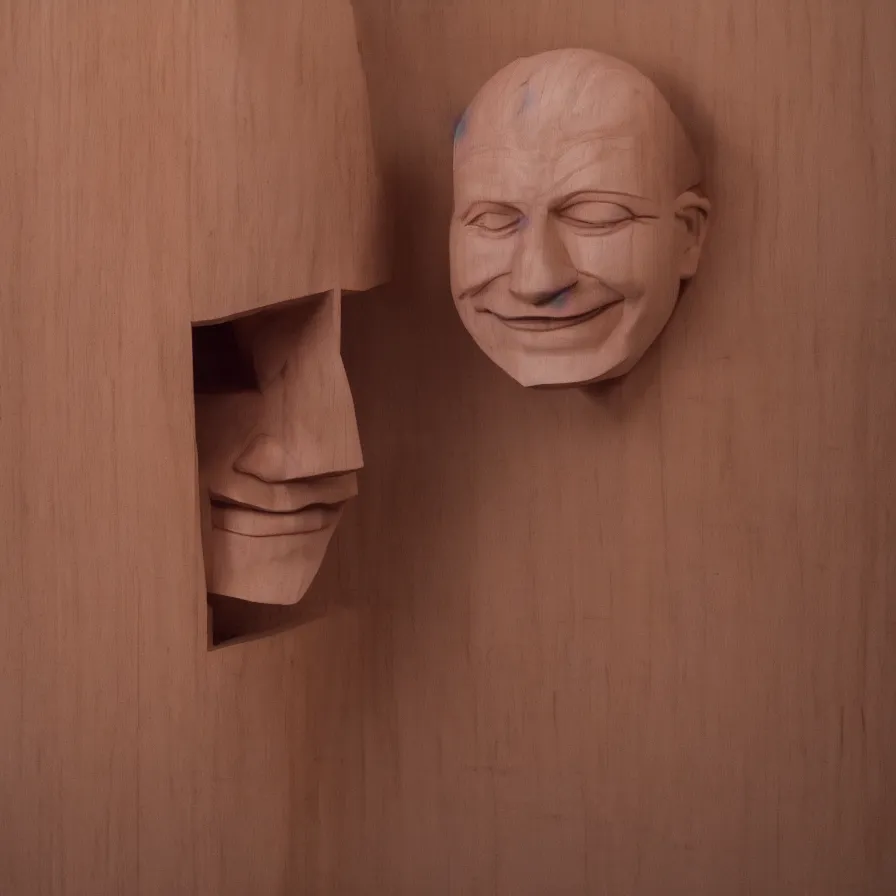 Image similar to hyperrealistic sculpture of a human face smiling carved out of laminated plywood on a pedestal by duane hanson and donald judd, hyperrealistic dramatic colored lighting trending on artstation 8 k