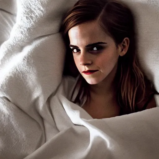 Image similar to emma watson waiting for you in bed at night while smiling shyly, messy hair bedhead, very sleepy and shy, bare shoulders, comforting, covered in little white blanket, dim cool lighting