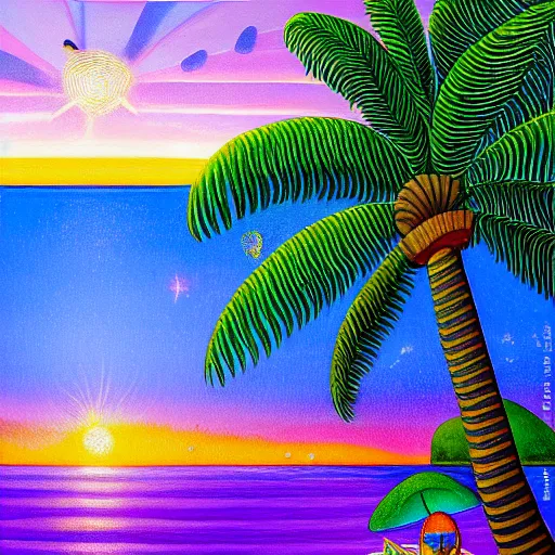 Image similar to a ultradetailed beautiful painting of amazonas beach by tarsila do amaral, major arcana sparkles sky, dougherty patrick, trending on artstation, mediterranean, palm trees, light refracted lines and sparkles, major arcana sky, sharp focus, soft light