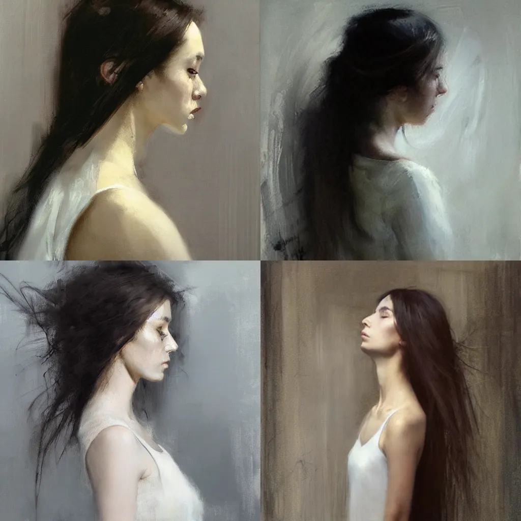 Prompt: girl with long hair, profile, white dress, by mary qian, mark tennant, mark demsteader