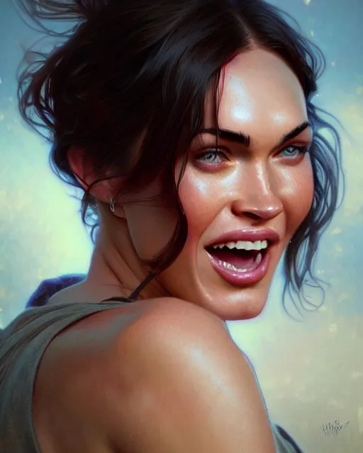 Image similar to portrait of megan fox laughing, intricate, headshot, highly detailed, digital painting, artstation, concept art, sharp focus, cinematic lighting, illustration, art by artgerm and greg rutkowski, alphonse mucha, cgsociety