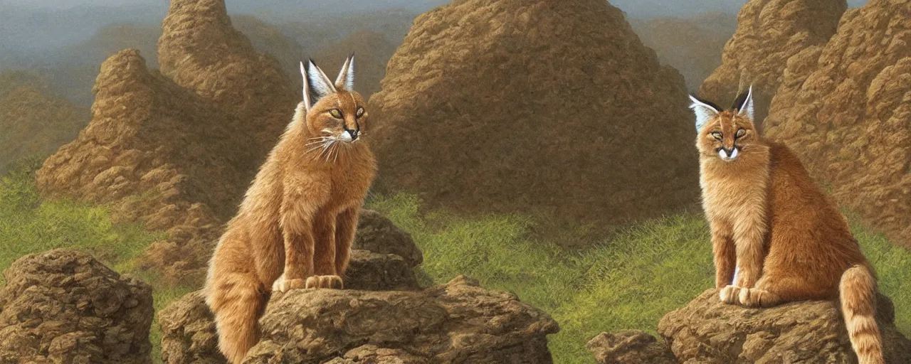 Image similar to a cute fluffy caracal on a high hill landscape with a circle of four large stones like fingers on the top, by ted nasmith