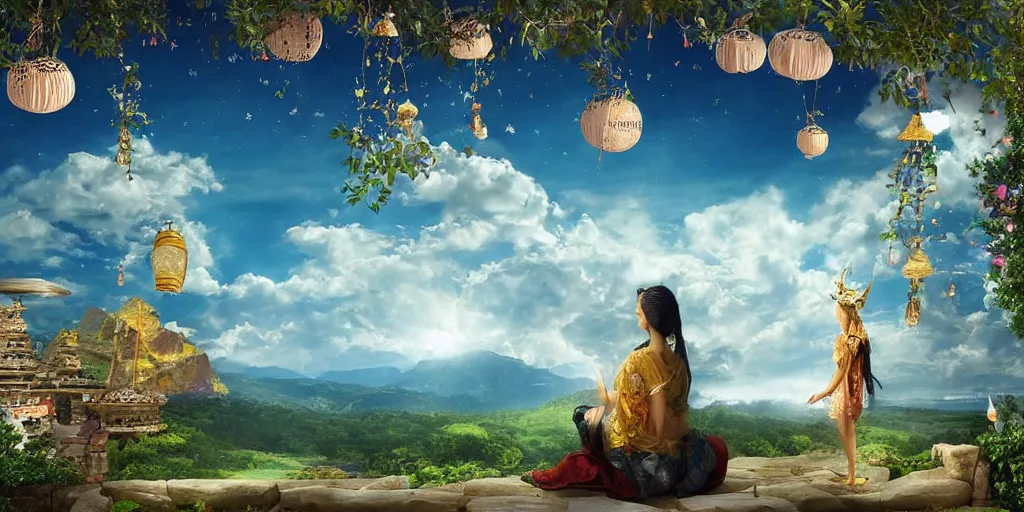 Image similar to wind god enjoying the view from his stone heavenly palace, decorated with windchimes and paper lanterns, nature, clouds and other palaces in background, digital art