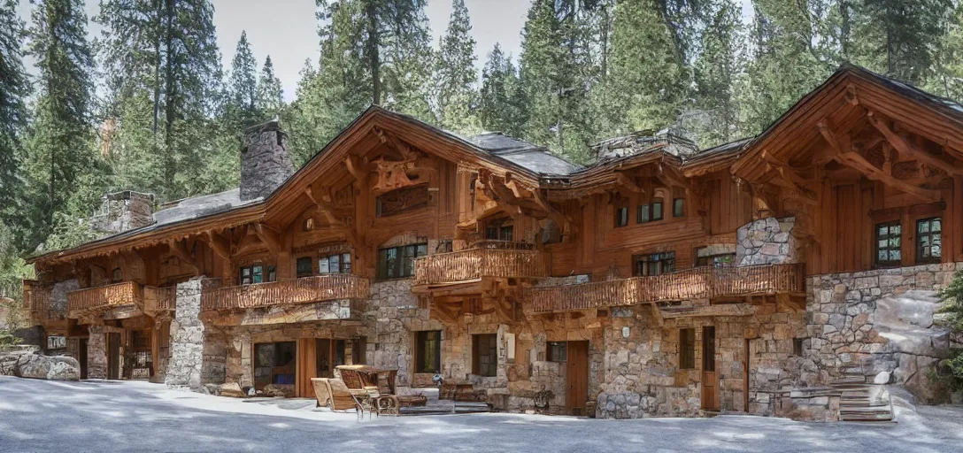 Image similar to mountain chalet designed by julia morgan. 8 k.