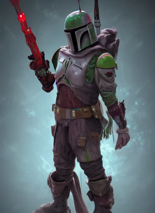 Image similar to arcane wizard x boba fett, fantasy inspired boba fett as a wizard, 3 d digital art, character mashup, epic volumetric lighting, combination art, photorealistic