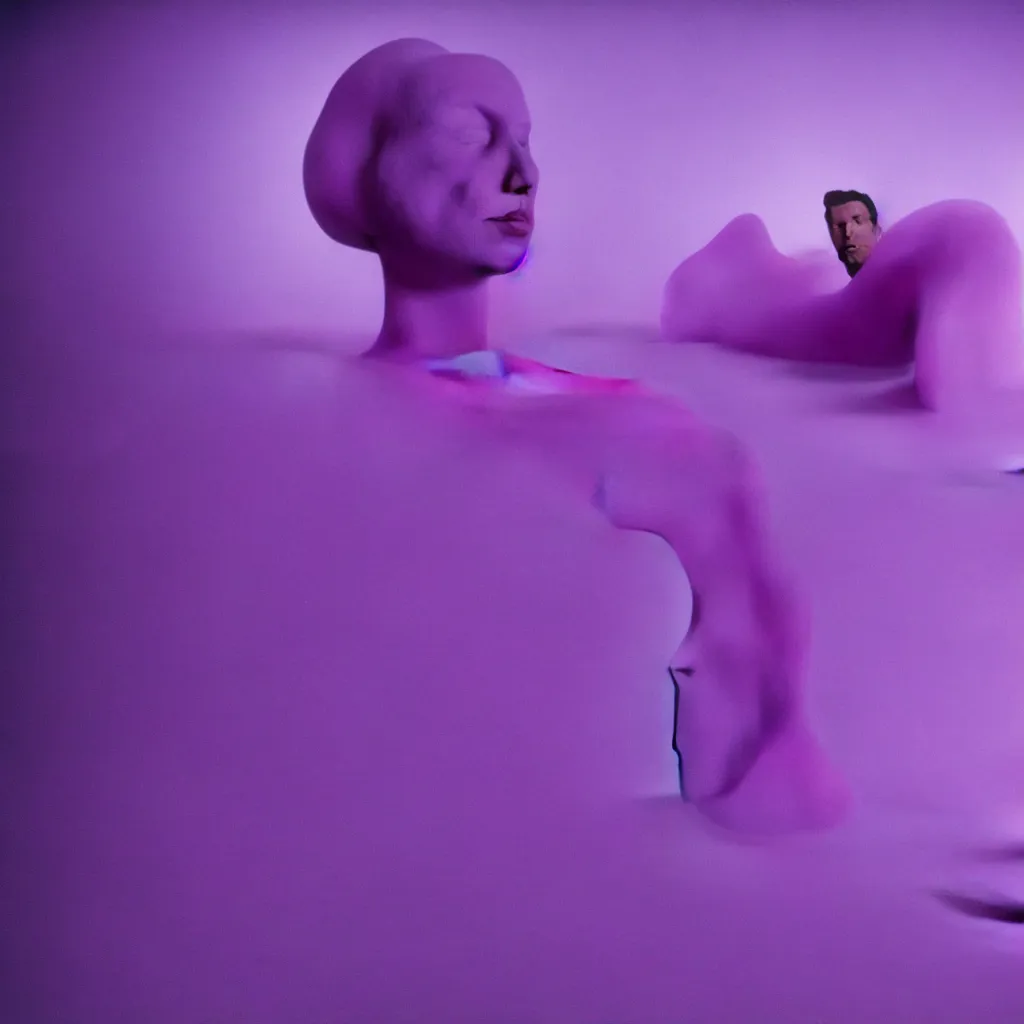 Prompt: cinestill of a giant form made of purple wax float through the living room and purple foam film still from the movie directed by david lynch with art direction, 8 k, hd, high resolution, 3 5 mm, f / 3 2, ultra realistic faces, lost highway