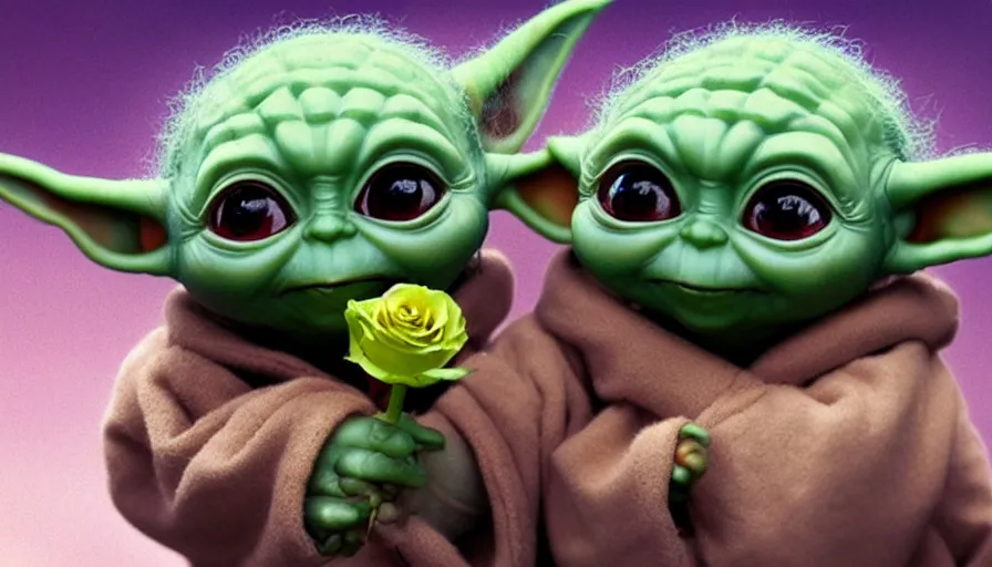 Image similar to baby yoda smiling and holding a rose, hyperdetailed, artstation, cgsociety, 8 k