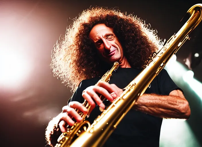 Image similar to photo still of kenny g on stage at vans warped tour!!!!!!!! at age 4 8 years old 4 8 years of age!!!!!!! playing saxophone, 8 k, 8 5 mm f 1. 8, studio lighting, rim light, right side key light