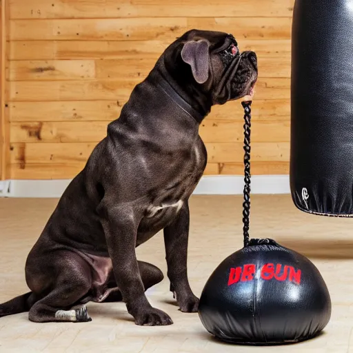 Image similar to brindle bullmastiff puppy boxing, punching heavy bag