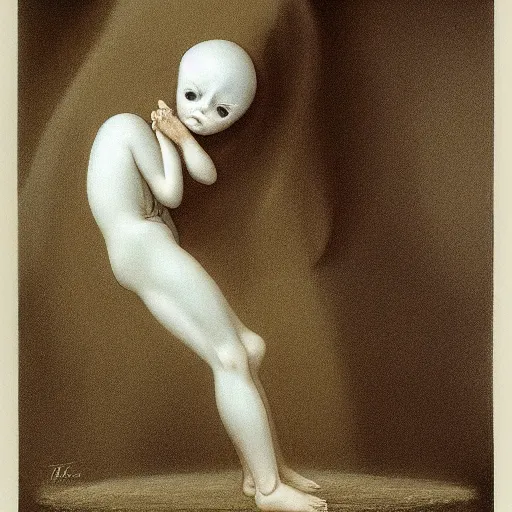 Image similar to in a dark bedroom sits an uncanny lonely ominous porcelain doll with cracks along it's face, by junji ito gerald brom by henry fuseli by zdzisław beksinski