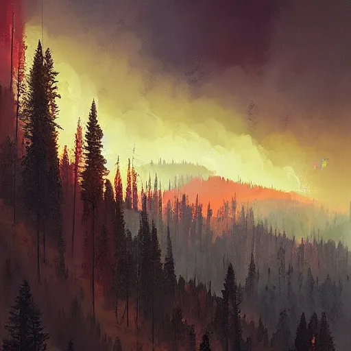 Prompt: forest fire in the Rocky Mountains, by Ismail Inceoglu,