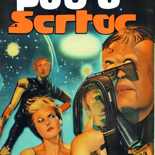 Prompt: pulp sci-fi magazine cover 1980s