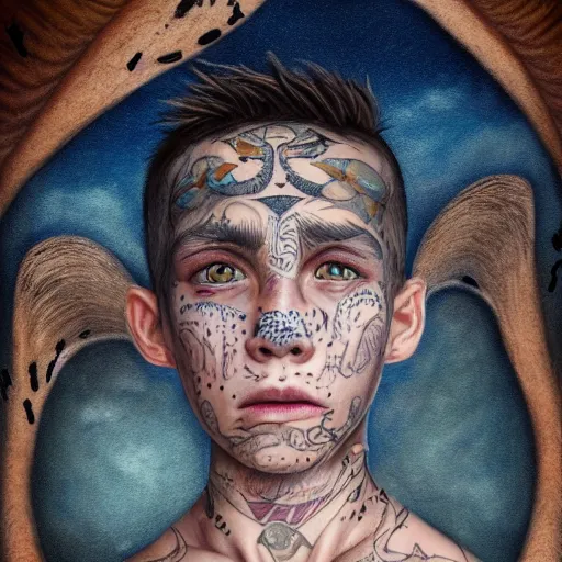 Image similar to a detailed portrait of a boy with a face tattoo in the desert, fantasy art illustration, incredibly highly detailed and realistic, 8 k, sharp focus