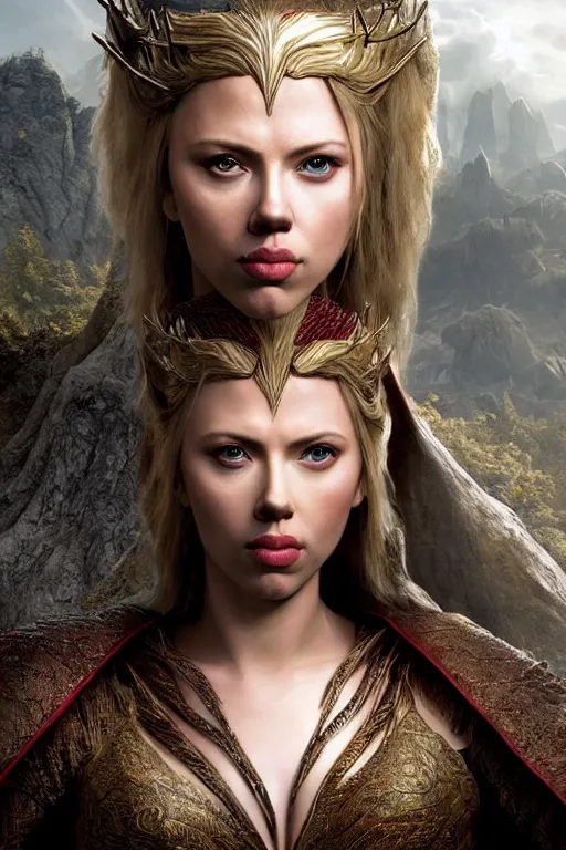 Prompt: Scarlet Johansson as an Elven royalty from The lords of the rings, fantasy matte painting, highly detailed