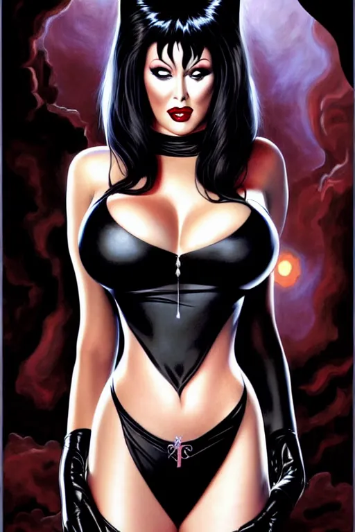 Image similar to a ( beautiful masterpiece highly detailed ) full body portrait illustration of intimate alluring elvira! mistress of the dark by ralph horsely and artgerm and joe jusko, raven black hair, pearlescent white skin. trending on artstation