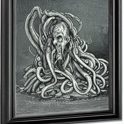 Image similar to a portrait of cthulhu, illustration by Gustave Doré