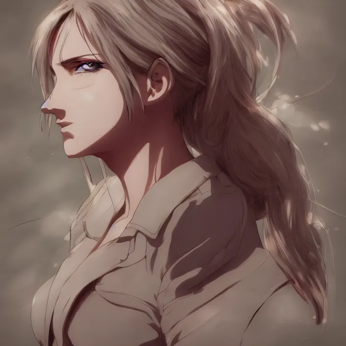 Image similar to annie leonhart anime, au naturel, hyper detailed, digital art, trending in artstation, cinematic lighting, studio quality, fish eye