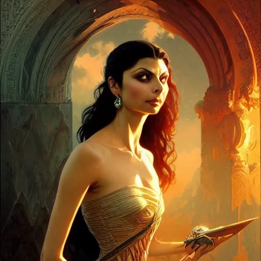 Image similar to Morena Baccarin, D&D, fantasy, intricate, elegant, highly detailed, digital painting, artstation, concept art, matte, sharp focus, illustration, art by Artgerm and Greg Rutkowski and Alphonse Mucha