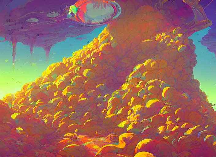 Image similar to psychedelic concept art of a lanscape made of baked beans, cel shaded, in the style of makoto shinkai and moebius and peter mohrbacher and anton fadeev