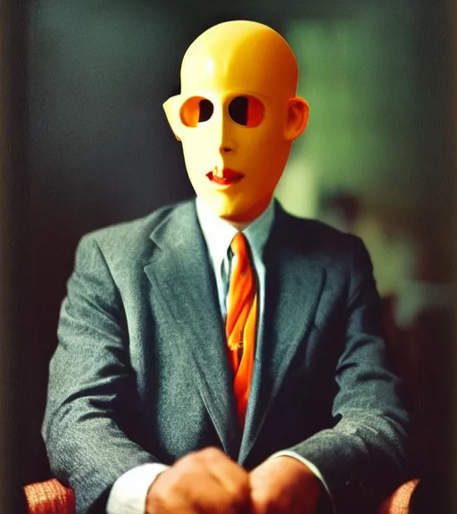 Image similar to portrait of a man in a suit with blindingly glowing white head, vintage technicolor film photo, grainy, high detail, high resolution