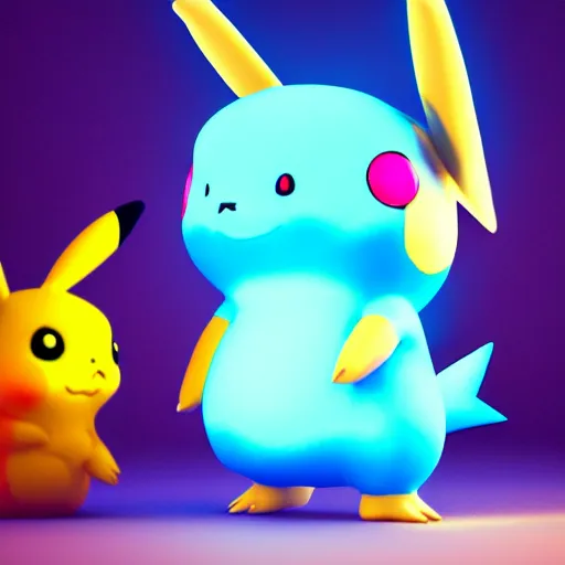 Image similar to nymph render of a very cute 3d pikachu pokemon, adorable eyes, cute smile, full round face, neon lights in background, serene bedroom setting, medium shot, mid-shot, highly detailed, trending on Artstation, Unreal Engine 4k