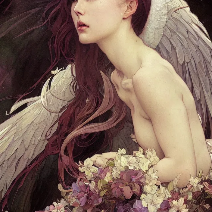 Prompt: a beautiful painting of a beautiful angel by ross tran!! and alphonse mucha and greg rutkowski! and gustav dore! and artgerm!!, in style of digital art illustration. symmetry. highly detailed face. fantasy, smooth, hyper detailed, sharp focus, soft light. trending on artstation. 4 k